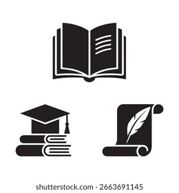 Black vector icons of an open book graduation cap on books and quill pen on scroll pages reading