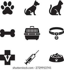 Black vector icons of pets pet care and veterinary concepts on white background