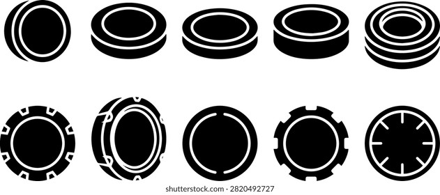 Black vector icons of poker chips for casino and gambling design.