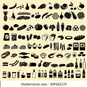 Black vector icons of products. Isolated. Vector illustration