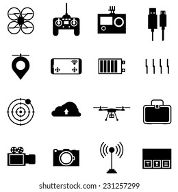 Black vector icons for quadrocopter set. Black silhouette icons vector collection of components and equipment for quadrocopter on white background.