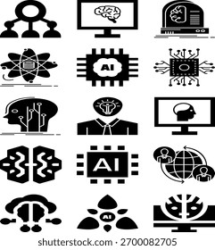 Vetor preto ícones conjunto de inteligência artificial, aprendizagem de máquina, rede neural e tecnologia digital. Símbolos planos modernos para inovação, ciência de dados e conceitos de automação.