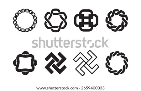 Black Vector Icons Set of Chain Links, Interlocks, and Connection Symbols 