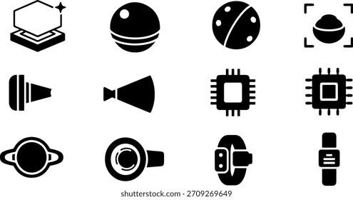 Black Vector ICons set Technology, Computing, Chip, Wearable, and VR