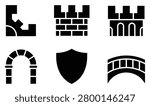 Black vector icons showing medieval architecture details like defensive walls stone arch shield and curved bridge.