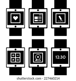 Black vector icons for smart watch. Set of black vector icons for smart watch with sample symbols on display on white background.