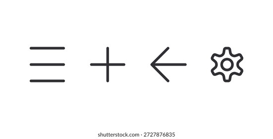 Iconos negros del vector para UI: menú de la hamburguesa, signo más, flecha izquierda, y engranaje. Ideal para App móviles, interfaces de Web y diseño de navegación. Menú tres líneas.
