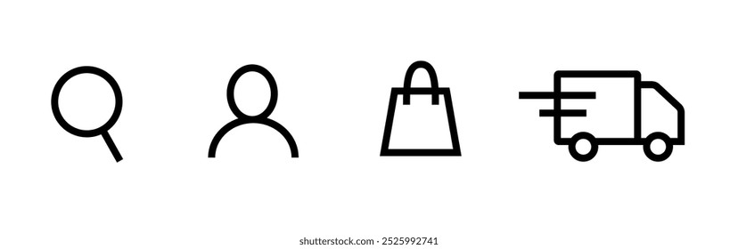 Iconos negros del vector para la cabecera del Sitio web. Búsqueda, Cuenta personal, Carrito de compras, entrega.