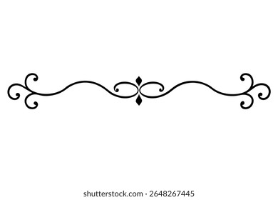 A black vector illustration of an antique style border featuring swirling elements and a central diamond shape against a white background. The style is elegant and decorative.