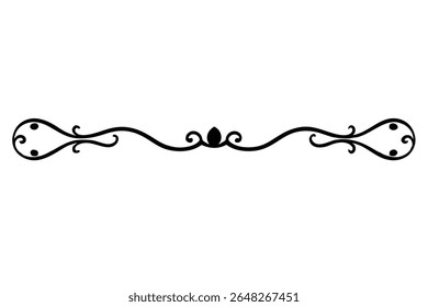 A black vector illustration of an antique style ornate divider on a white background The design features symmetrical swirling elements and small dots.