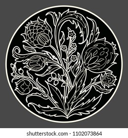 Black Vector illustration. Arabic, flowers, ornaments leaves. Use for birthday cards, Happy Wedding day, print of a plate and other decorations invitations