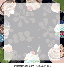 Black vector illustration background for notes with cups of coffee, muffins with berries