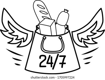 Black vector illustration of bag with food isolated on white background on the theme of delivery and online shopping. Concept of contactless or to the door delivery 24/7