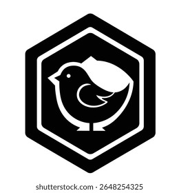 A black vector illustration of a bird silhouette inside a bold black hexagon on a white background. The style is simple and minimalist.