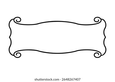 A black vector illustration of a blank banner with a decorative swirl frame on a white background The frame features elegant scrolls at each corner and a wavy central section.