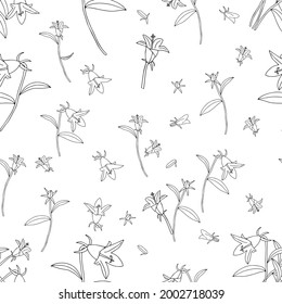 A Black Vector illustration of bouquet bell flowers with leaves isolated on a white background. Seamless pattern