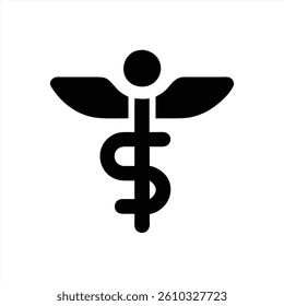 A black vector illustration of the caduceus symbol featuring a staff with wings and a snake coiling around it. This design signifies medical practices and healthcare services.