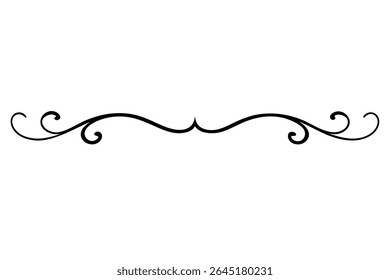 A black vector illustration of a calligraphic flourish against a white background The design features symmetrical swirls and curves creating an elegant decorative element.