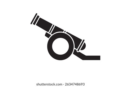Black vector illustration of a cannon in a bold, clean silhouette style. Ideal for use in historical themes, military icons, pirate graphics, war game assets, museum materials, and educational content
