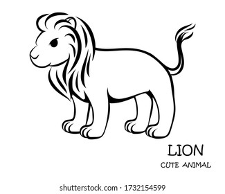 Black Vector illustration cartoon on a white background of a cute lion. 