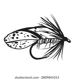 Black vector illustration of a classic fishing fly lure with detailed feather wing