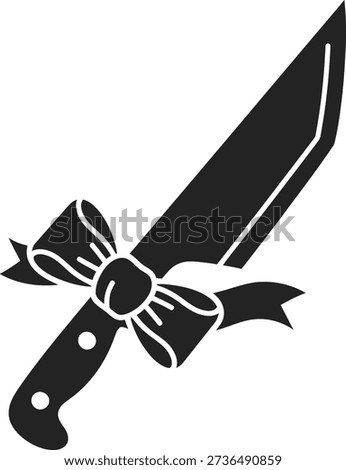 Black vector illustration of combat knife with decorative bow ribbon. Sharp blade weapon silhouette for gift concept. Hunting gear flat icon design. Professional tool for outdoor adventure survival.