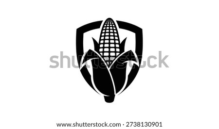 A black vector illustration of a corn cob inside a shield emblem. The artwork is a stylized logo design. Editable vector graphic.