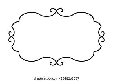 A black vector illustration of a decorative frame featuring swirling elements in a renaissance style. The frame is set against a white background. The style is simple and elegant.