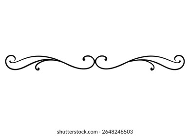 A black vector illustration of a decorative line divider featuring swirling floral motifs against a white background. The style is elegant and reminiscent of vintage design.