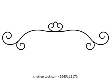 A black vector illustration of a decorative swirl ornament against a white background The design features symmetrical scrolls and a central flourish. The style is simple and elegant.
