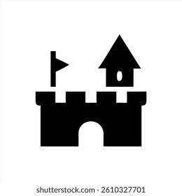 A black vector illustration depicting a castle structure featuring a small tower and a flag on top. The design highlights simplicity with bold shapes, ideal for various creative projects.