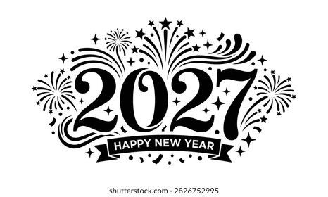 Black vector illustration depicting a new year 2027 celebration with fireworks decorative flourishes and a ribbon banner.