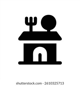 A black vector illustration depicts a small house featuring a door, a tree, and a fork symbol on the roof. This design suggests a cozy and inviting atmosphere, emphasizing nature.