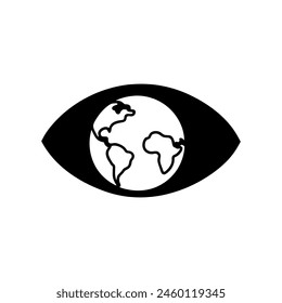 Black vector illustration of an eye with a globe pupil symbolizing global awareness and vigilance