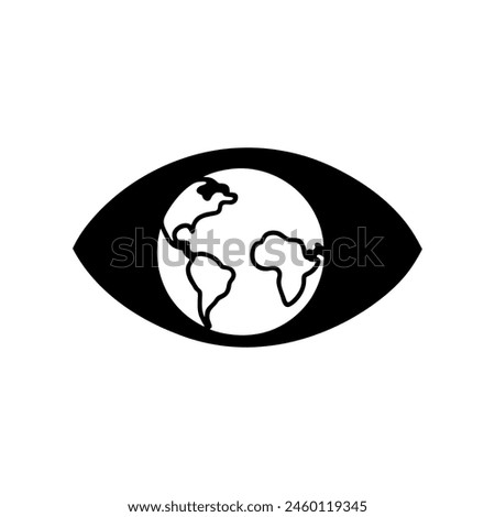 Black vector illustration of an eye with a globe pupil symbolizing global awareness and vigilance