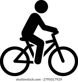 Black vector illustration features a minimalist stick figure character riding a bicycle, symbolizing transportation, sport, and an active healthy lifestyle.