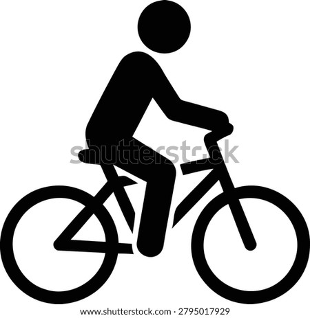Black vector illustration features a minimalist stick figure character riding a bicycle, symbolizing transportation, sport, and an active healthy lifestyle.