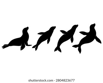 Black vector illustration featuring four silhouettes of seals and sea lions swimming and resting against a plain white background.