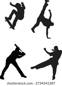 Black vector illustration featuring jumping people silhouettes and a silhouette of a man athlete in sports action including running, soccer, and karate for fitness exercise