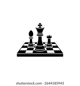 Black vector illustration featuring a king, bishop, and rook arranged on a chessboard. Isolated on a white background. Perfect for chess or strategy game content.