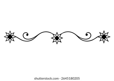A black vector illustration featuring three stylized star flowers connected by flowing lines and swirls on a white background. The design is simple and elegant.