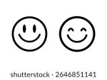 Black vector illustration featuring two different smiley faces outlined on a white background; one has a straight mouth, and the other has smiling eyes.