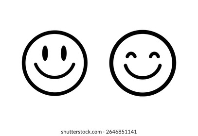 Black vector illustration featuring two different smiley faces outlined on a white background; one has a straight mouth, and the other has smiling eyes.