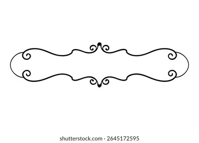 A black vector illustration of a filigree style frame features a central rectangular space bordered by flowing, swirling lines and decorative elements.