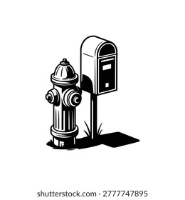Black vector illustration of a fire hydrant and mailbox, representing urban street infrastructure, public services, city utilities, emergency equipment and communication systems.