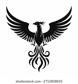 Ilustración vectorial negra de una silueta de águila voladora con alas y diseño de plumas