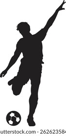 Ilustração do vetor preto de um jogador de futebol em ação. Ótimo para folhetos de torneio, logotipos de roupas esportivas ou mercadorias para fãs