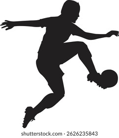 Ilustração do vetor preto de um jogador de futebol em ação. Ótimo para folhetos de torneio, logotipos de roupas esportivas ou mercadorias para fãs