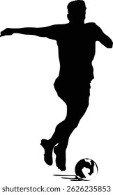 Ilustração do vetor preto de um jogador de futebol em ação. Ótimo para folhetos de torneio, logotipos de roupas esportivas ou mercadorias para fãs