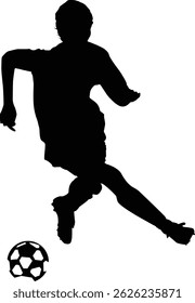 Ilustração do vetor preto de um jogador de futebol em ação. Ótimo para folhetos de torneio, logotipos de roupas esportivas ou mercadorias para fãs
